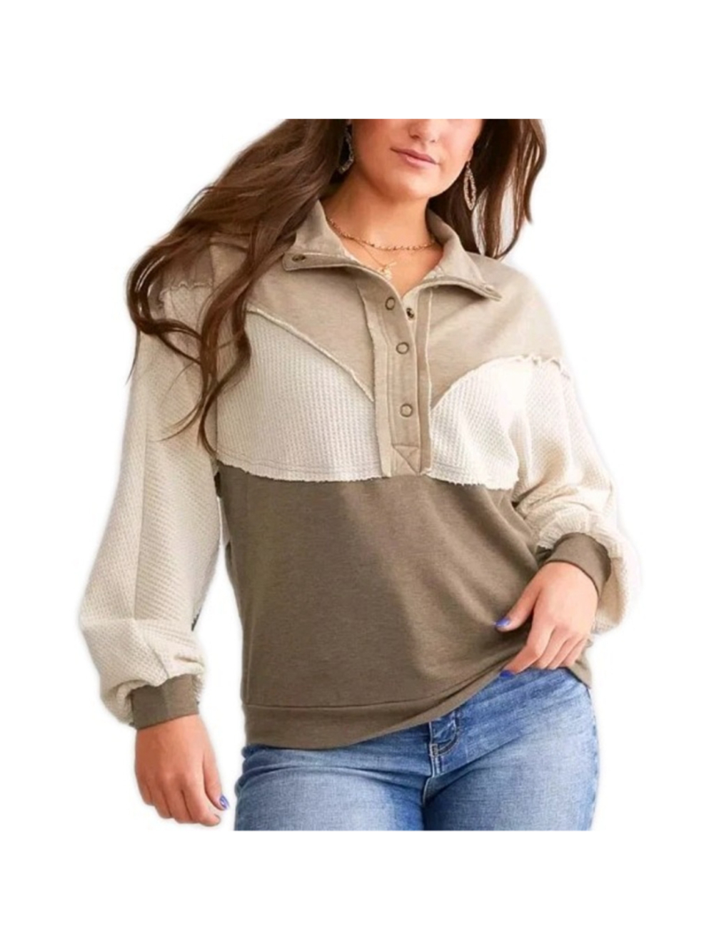 BKE By Buckle Pieced Henley Pullover Sz M Cream Tan Brown 1/4 Snap Down Clean